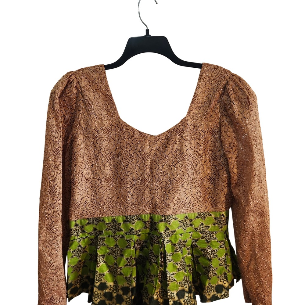 Custom Ankara Mixed Media Peplum Top Bronze Lace Green Wax Print Long Sleeve S/M